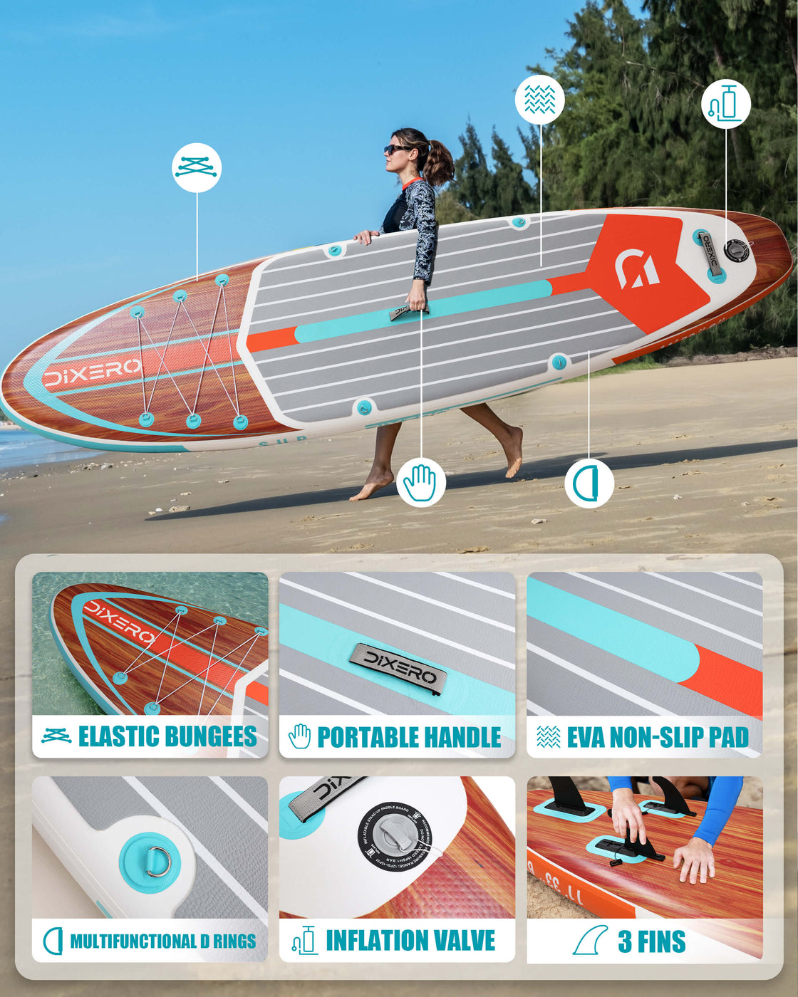 Dixero 11'x33" Inflatable Stand Up Paddle Board – Stable Anti-Slip SUP with Accessories
