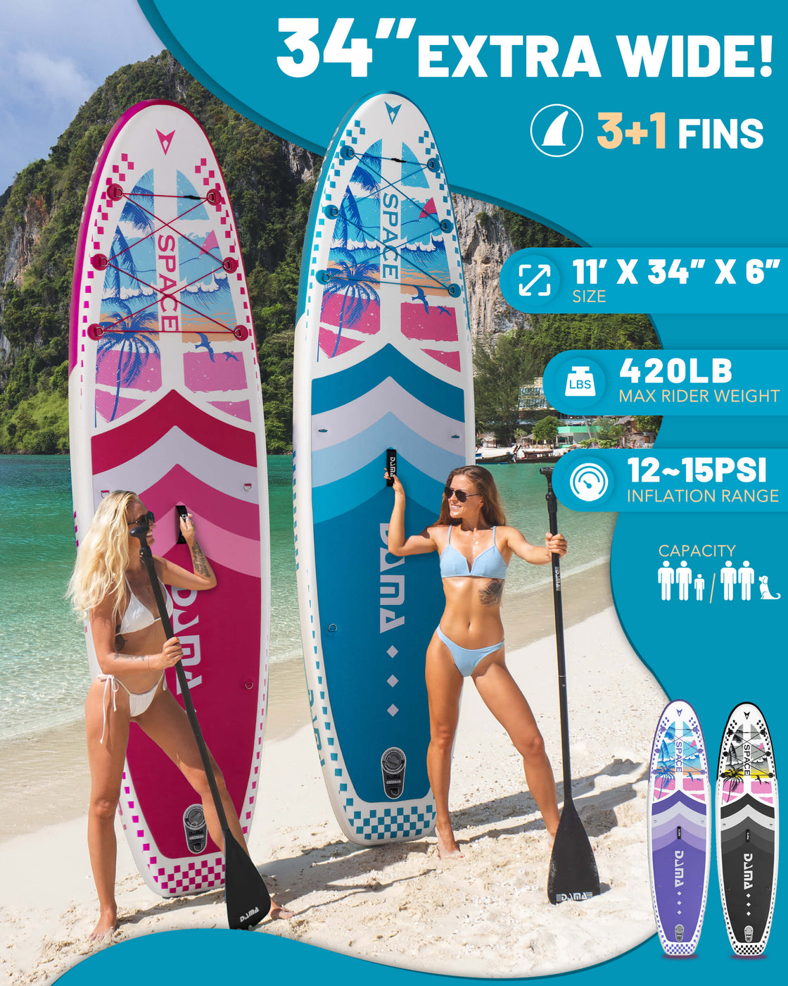 DAMA 11’x34”x6” Inflatable Paddle Board Lightweight Durable SUP for Adults