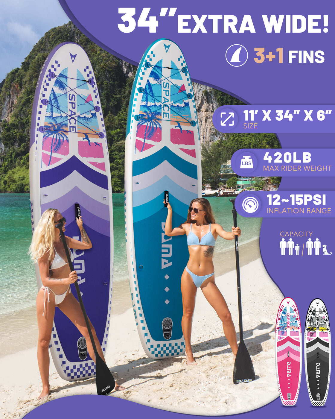 DAMA 11’x34”x6” Inflatable Paddle Board Lightweight Durable SUP for Adults