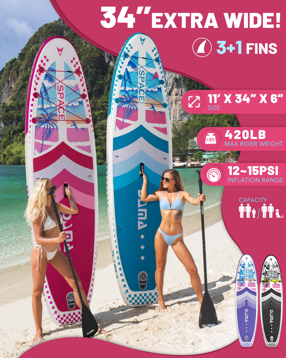 DAMA 11’x34”x6” Inflatable Paddle Board Lightweight Durable SUP for Adults