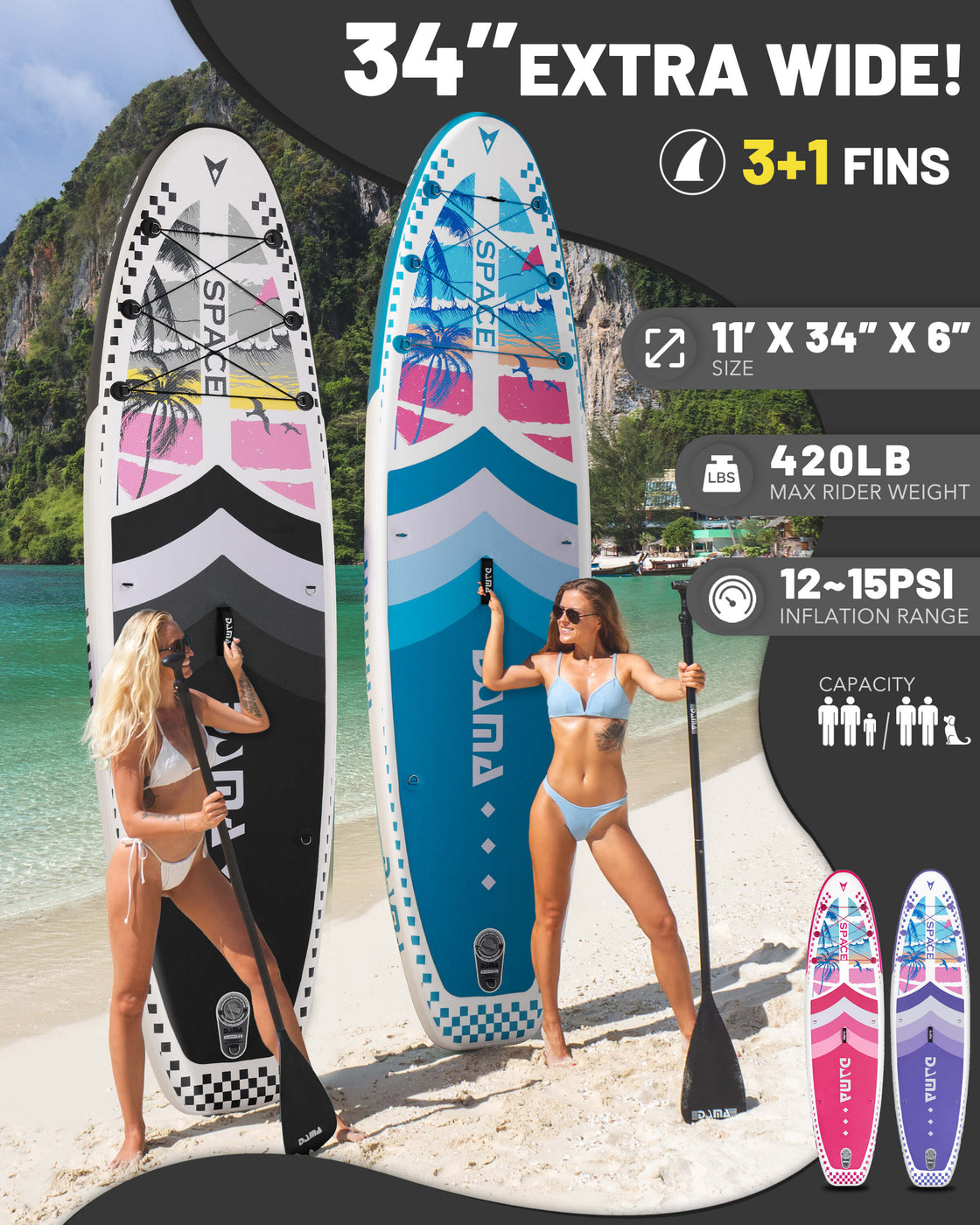 DAMA 11’x34”x6” Inflatable Paddle Board Lightweight Durable SUP for Adults