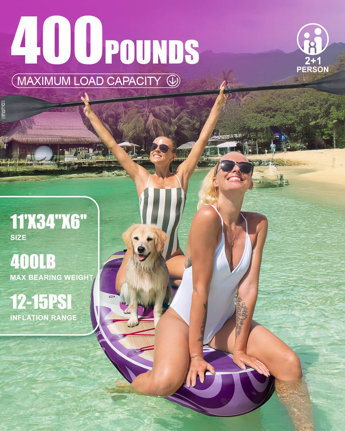 DAMA 11’x34” Non Slip Extra Wide iSUP Set Stand Up Paddle Board for Fishing Surfing