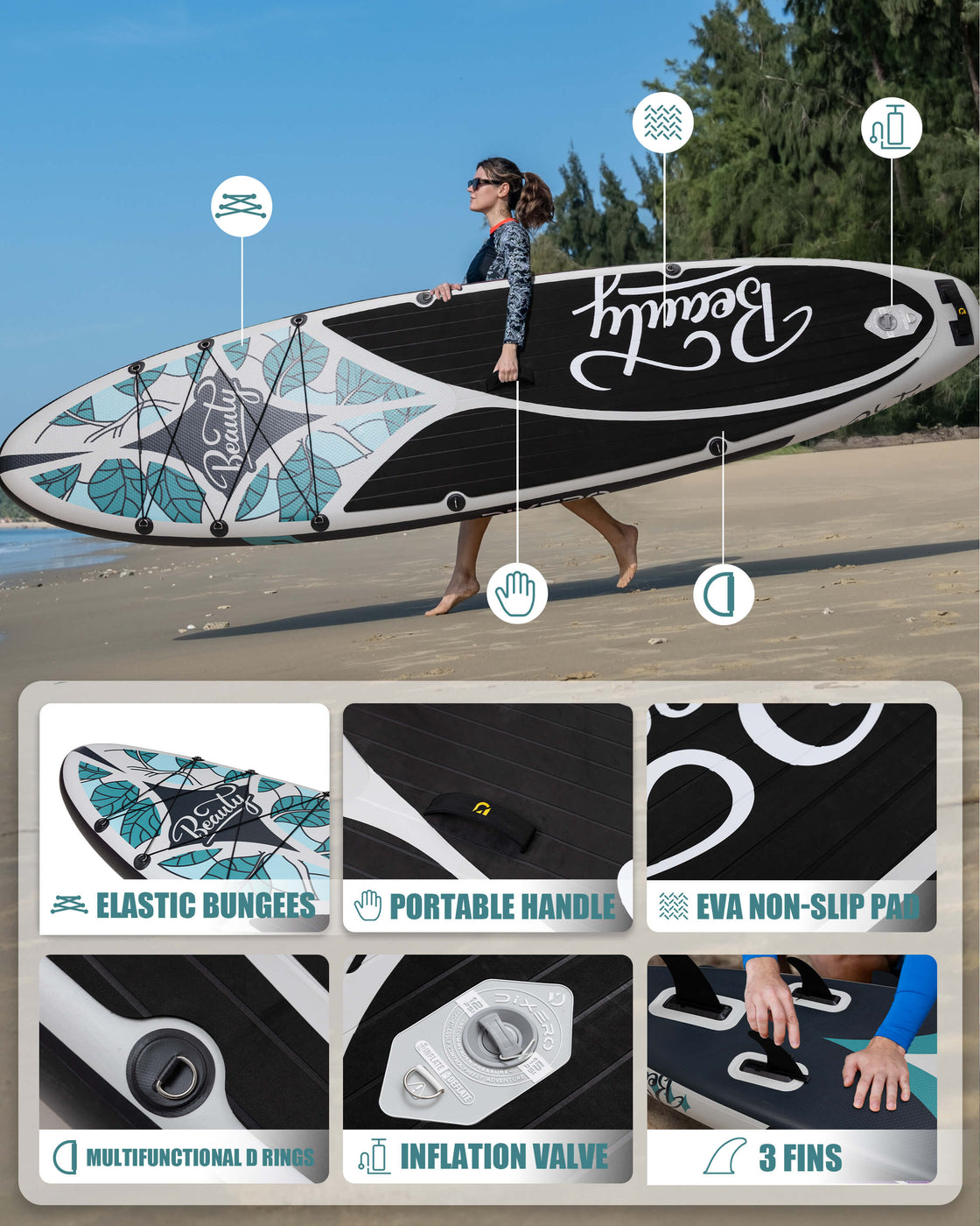 Dixero 11'x33" Inflatable SUP Board – Anti-Slip Paddle Board Set for Adults & Beginners