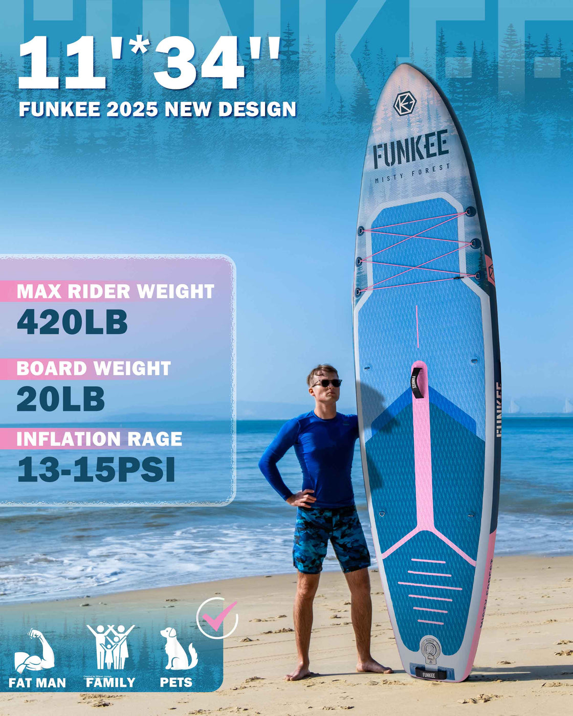 FUNKEE 11’x34” Inflatable SUP Board Set Wide Stable Paddle Board for Adults Youth