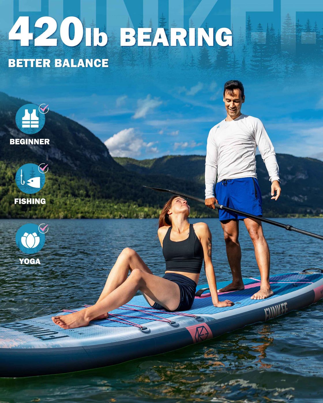 FUNKEE 11’x34” Inflatable SUP Board Set Wide Stable Paddle Board for Adults Youth