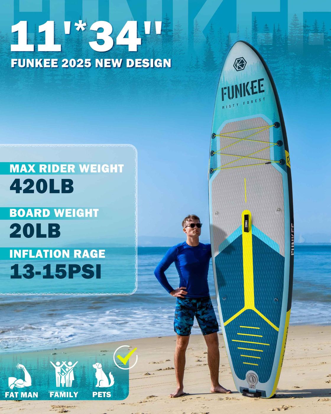 FUNKEE 11’x34” Inflatable SUP Board Set Wide Stable Paddle Board for Adults Youth