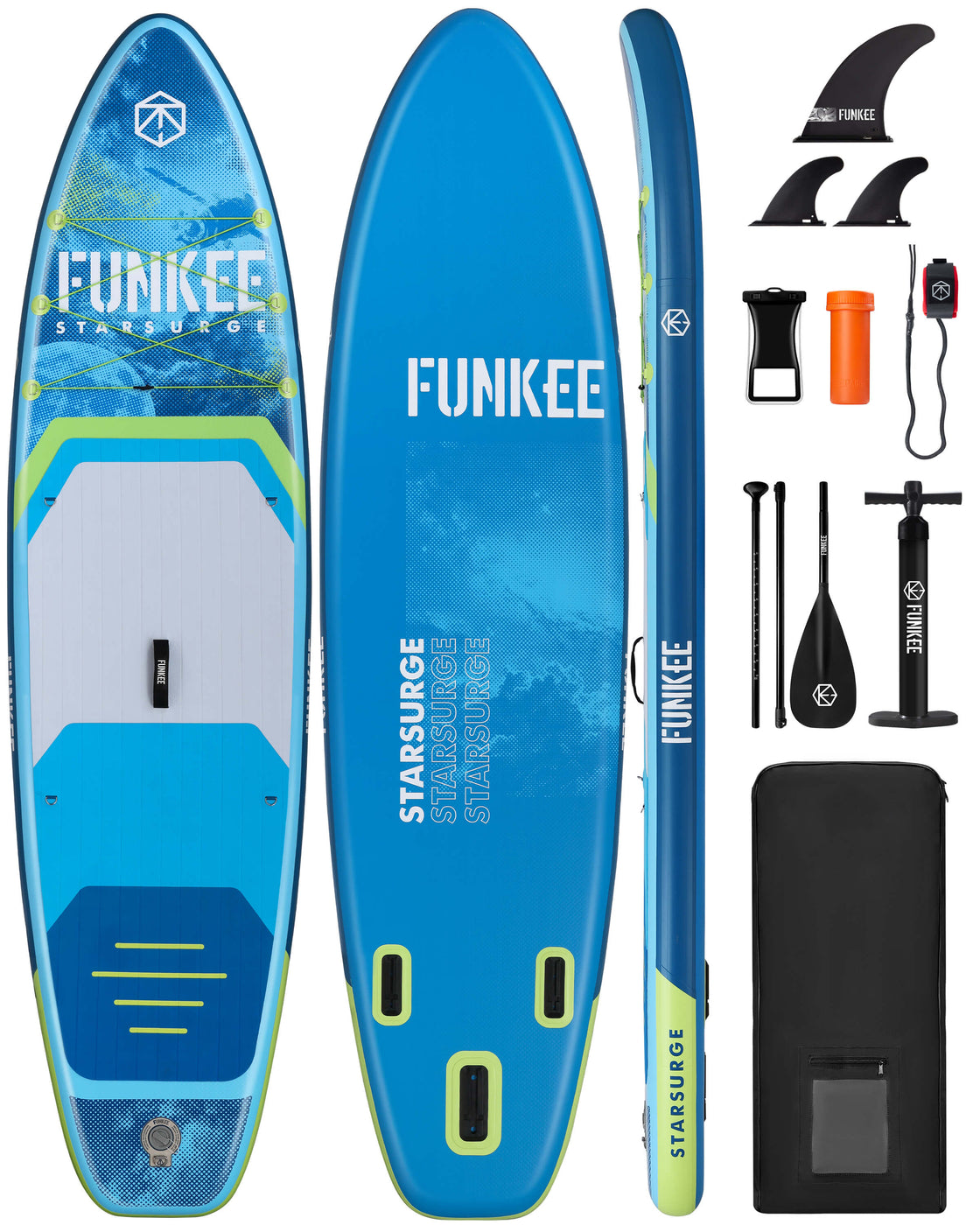 FUNKEE 11ft Inflatable Paddle Board 11’×34"×6" SUP with Fins, Paddle, Backpack, Safety Leash