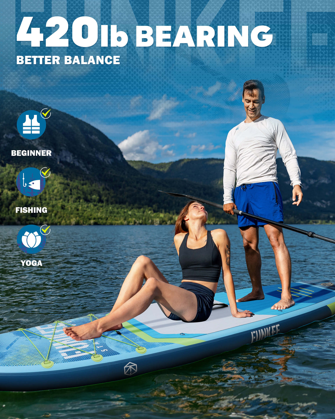 FUNKEE 11ft Inflatable Paddle Board 11’×34"×6" SUP with Fins, Paddle, Backpack, Safety Leash