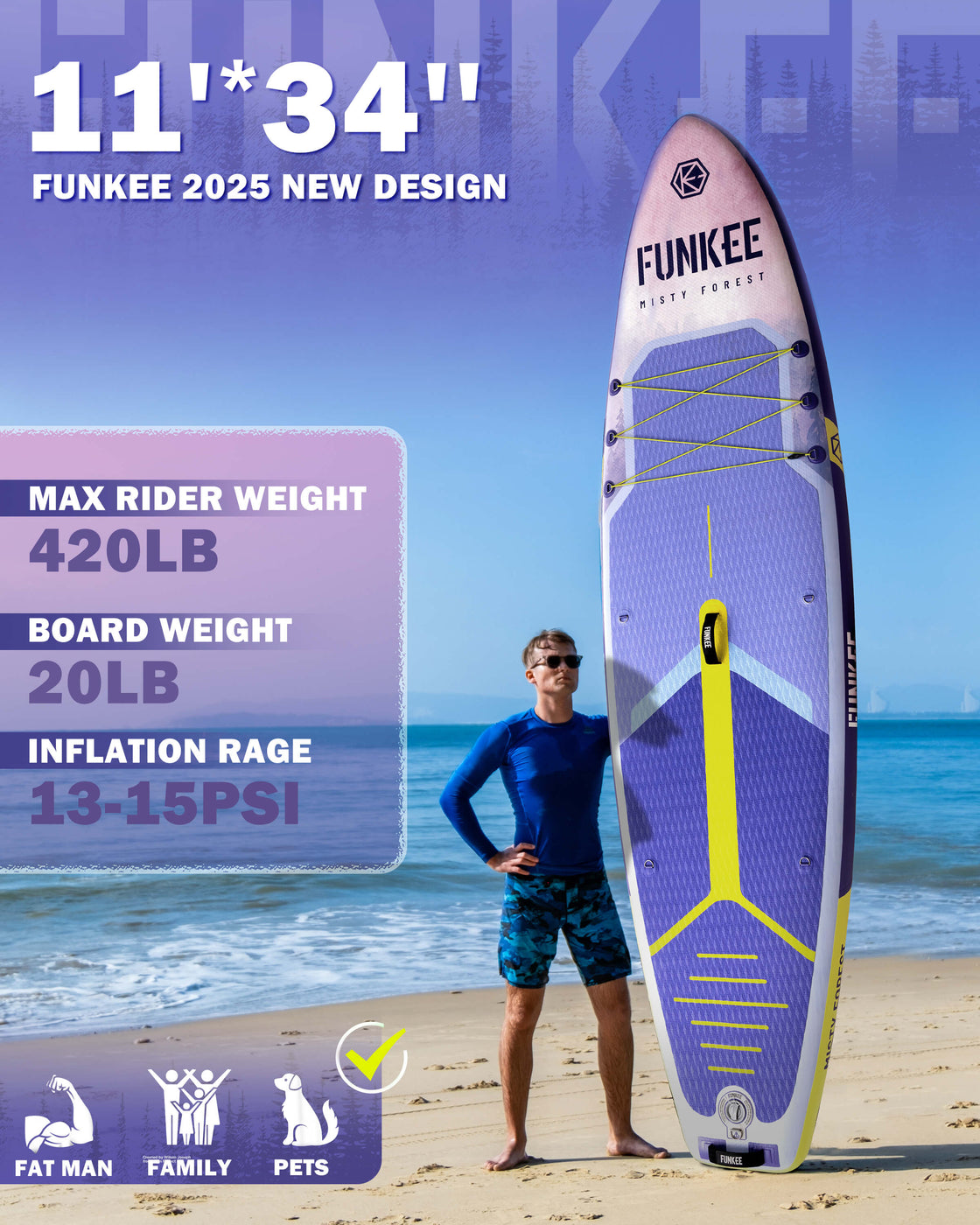 FUNKEE 11’x34” Inflatable SUP Board Set Wide Stable Paddle Board for Adults Youth