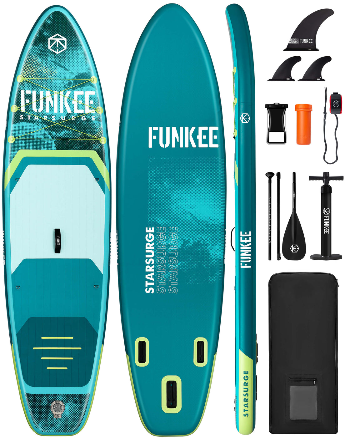 FUNKEE 11ft Inflatable Paddle Board 11’×34"×6" SUP with Fins, Paddle, Backpack, Safety Leash