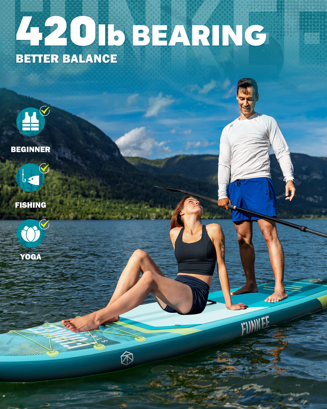 FUNKEE 11ft Inflatable Paddle Board 11’×34"×6" SUP with Fins, Paddle, Backpack, Safety Leash
