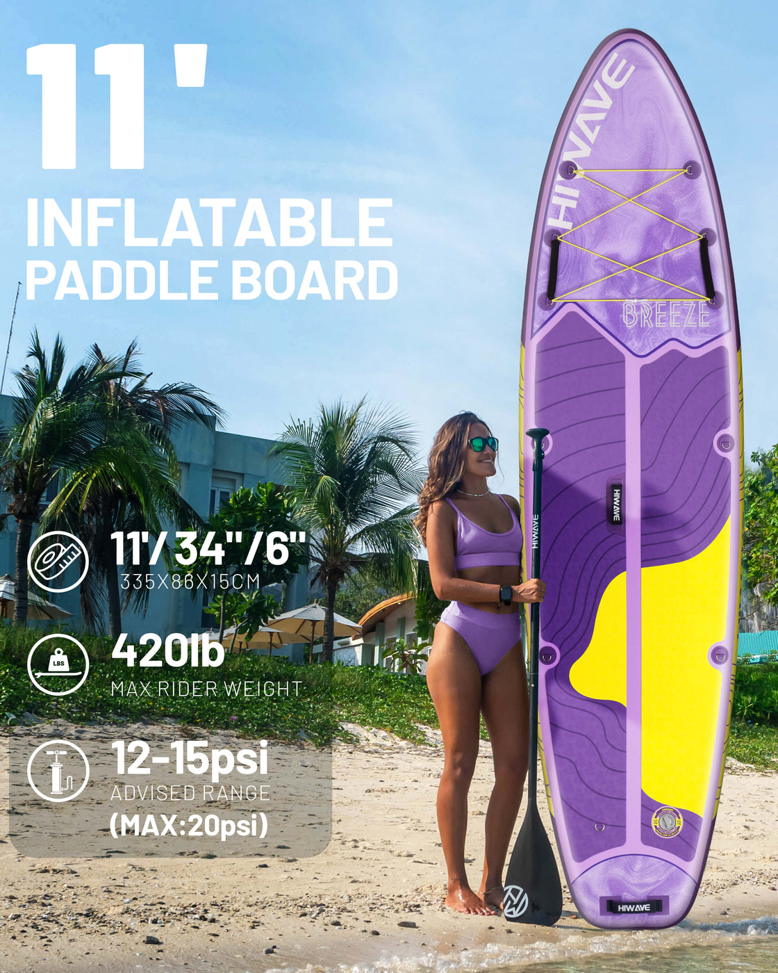 Hiwave 11’x34”x6” Inflatable SUP Board – Pet Friendly Paddle Board for Ocean & Lake