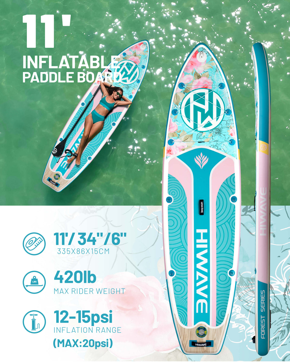 Hiwave 11’x34”x6” Inflatable SUP Board – Extra Wide 420lb Paddle Board for Adults