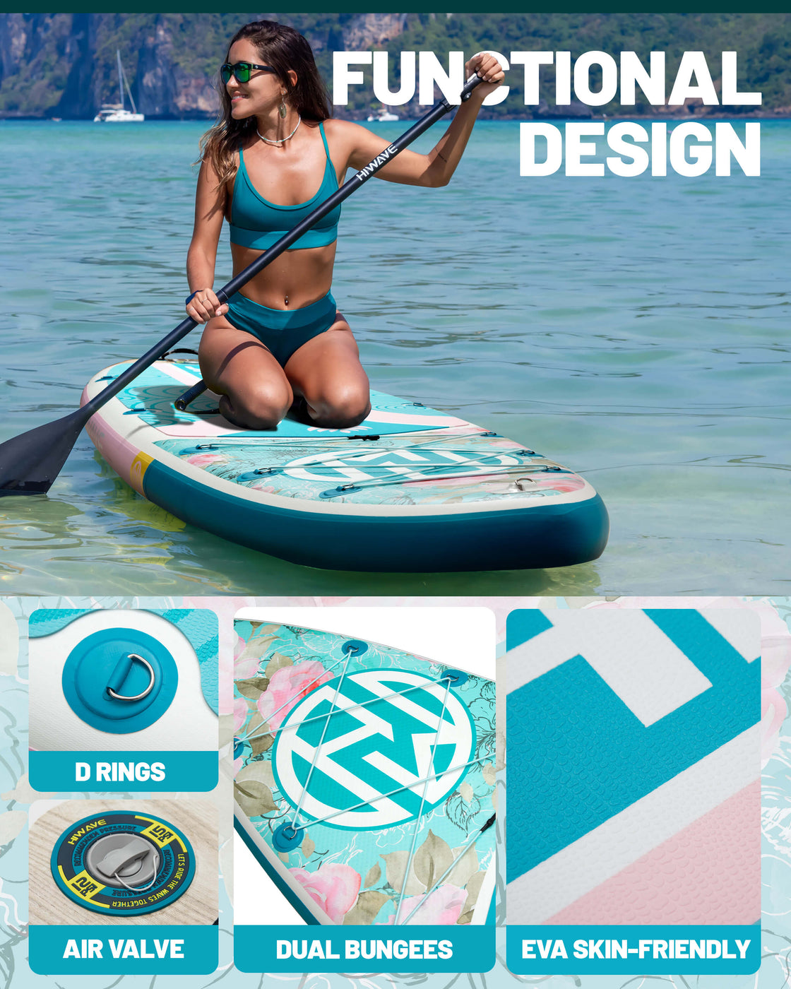 Hiwave 11’x34”x6” Inflatable SUP Board – Extra Wide 420lb Paddle Board for Adults