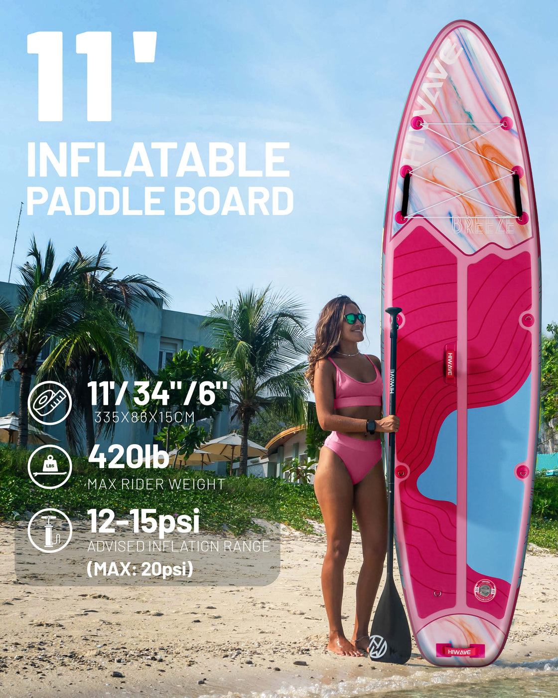 Hiwave 11’x34”x6” Inflatable SUP Board – Pet Friendly Paddle Board for Ocean & Lake