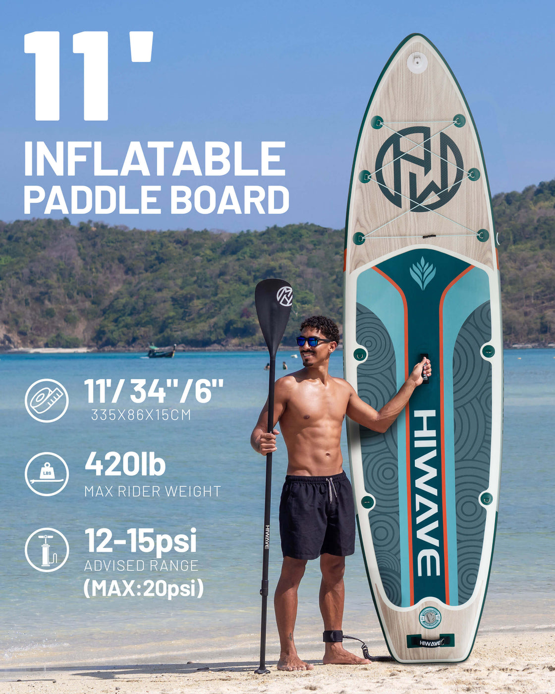 Hiwave 11’x34”x6” Inflatable Stand Up Paddle Board – 420lbs Capacity SUP with Hand Pump