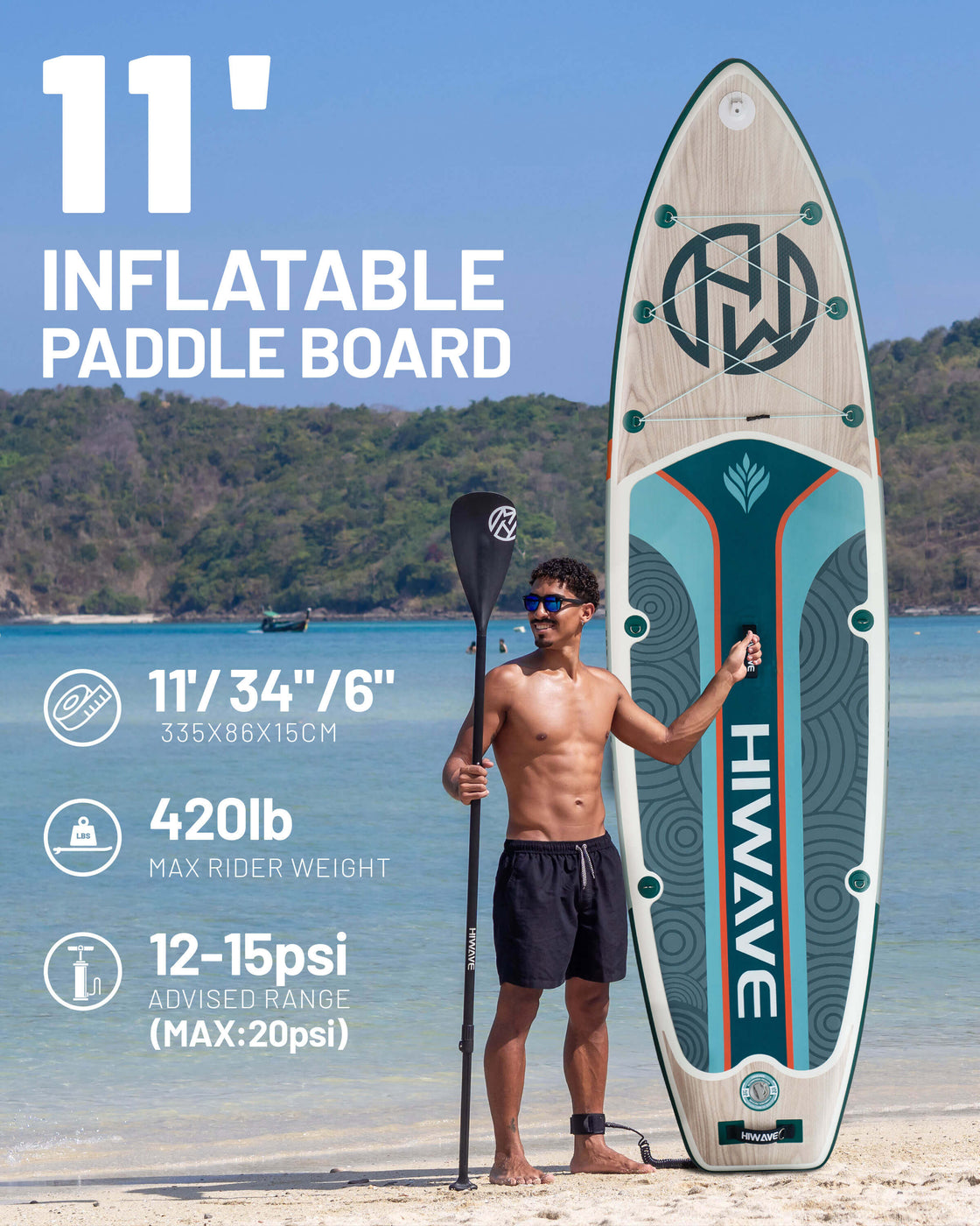 Hiwave 11’x34”x6” Inflatable Stand Up Paddle Board – 420lbs Capacity SUP with Hand Pump
