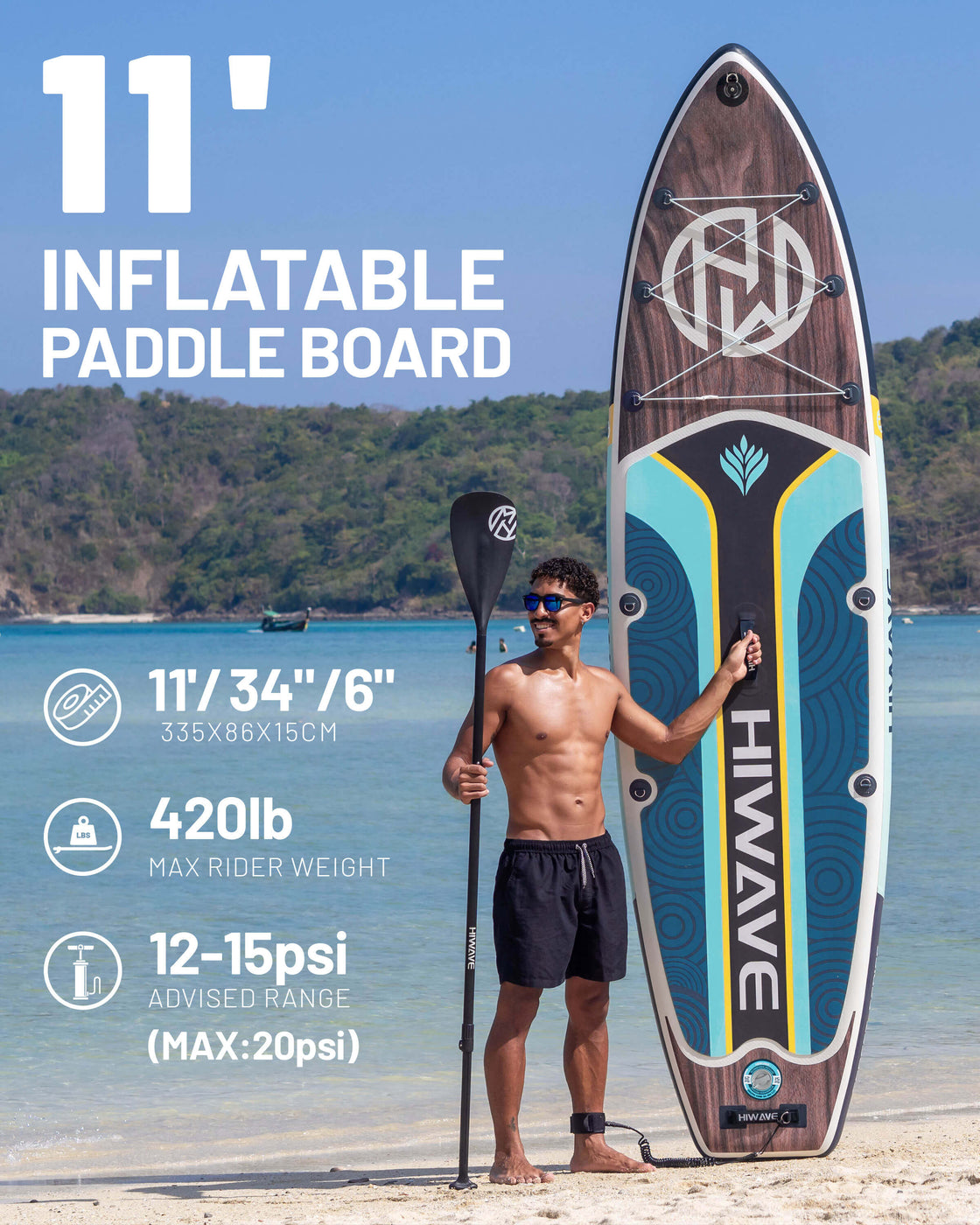 Hiwave 11’x34”x6” Inflatable Stand Up Paddle Board – 420lbs Capacity SUP with Hand Pump