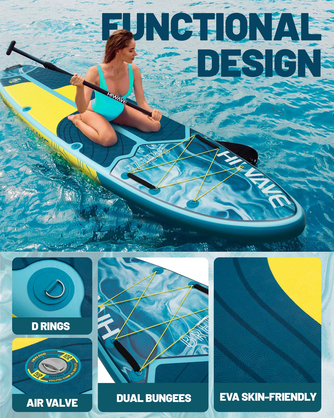 Hiwave 11’x34”x6” Inflatable SUP Board – Pet Friendly Paddle Board for Ocean & Lake