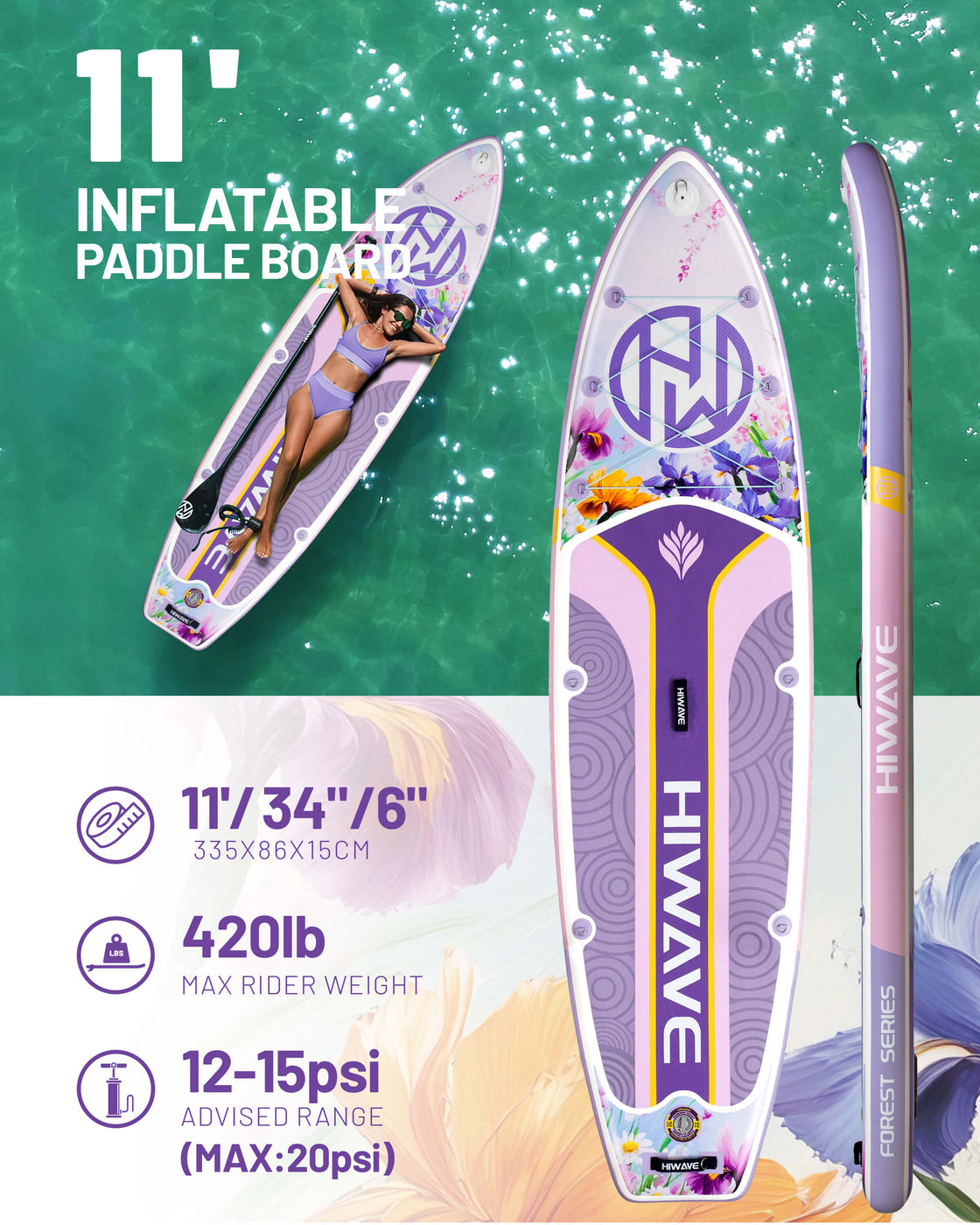 Hiwave 11’x34”x6” Inflatable SUP Board – Extra Wide 420lb Paddle Board for Adults