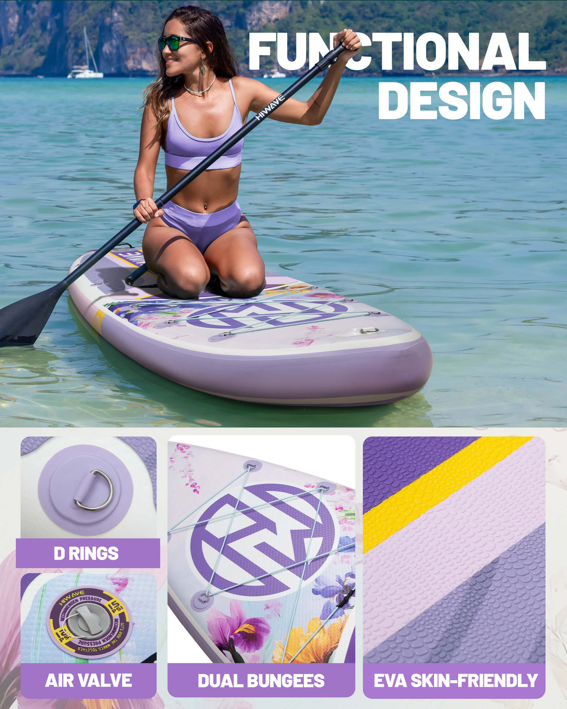 Hiwave 11’x34”x6” Inflatable SUP Board – Extra Wide 420lb Paddle Board for Adults