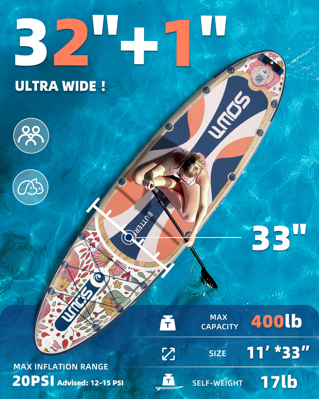 SOWM Inflatable SUP 11'x33'' Non-Slip Paddle Board for Adults, Youth,  Beginners