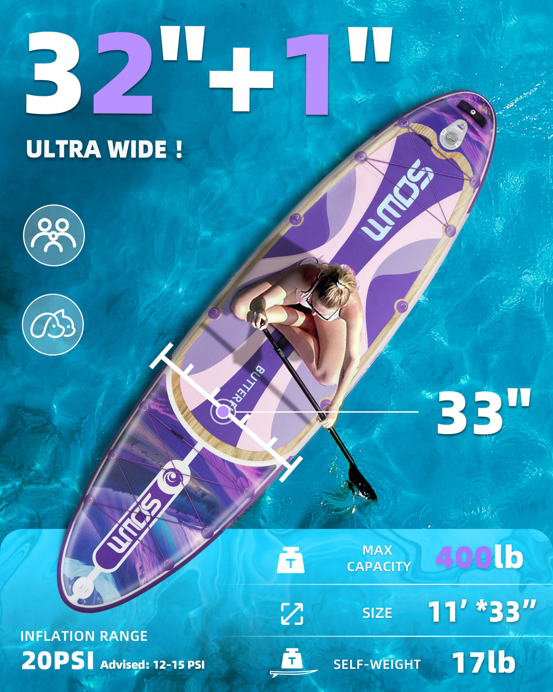 SOWM Inflatable SUP 11'x33'' Non-Slip Paddle Board for Adults, Youth,  Beginners