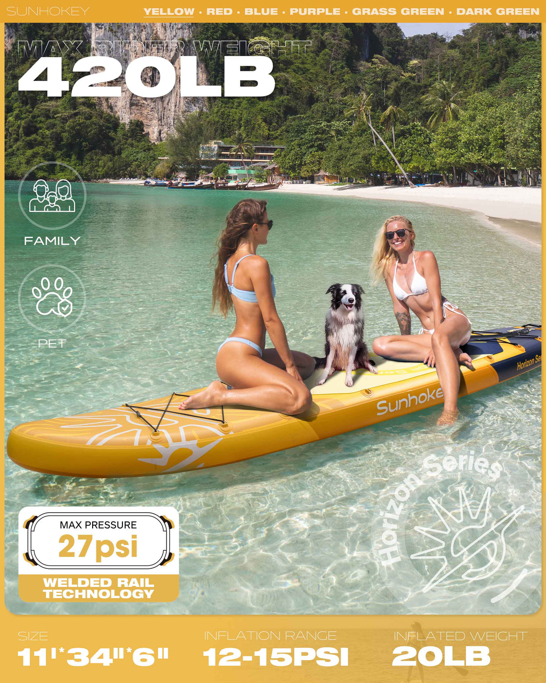SUNHOKEY 2-Blade Paddle Board Set 11'x34" Extra Wide iSUP for Fishing Yoga