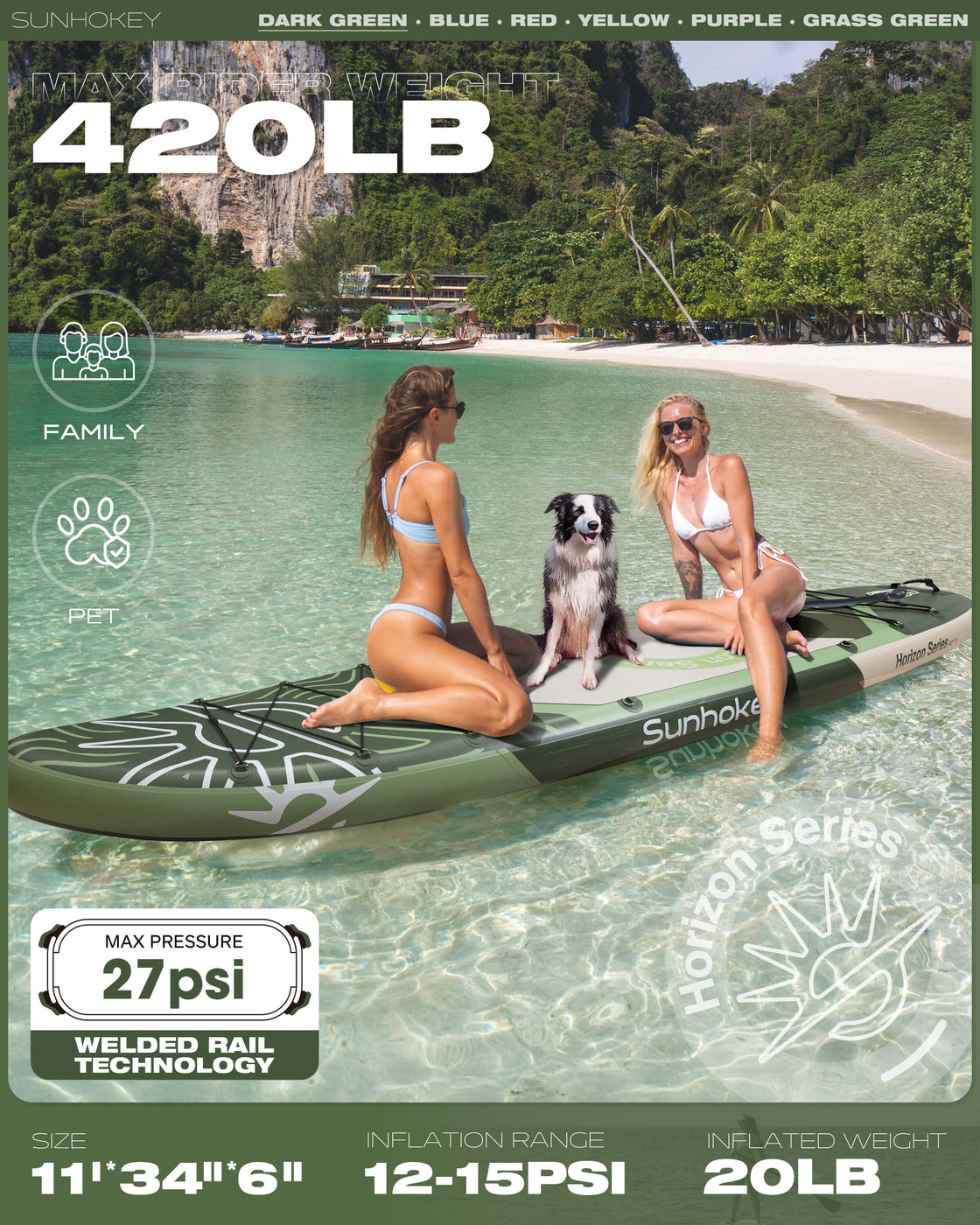 SUNHOKEY 2-Blade Paddle Board Set 11'x34" Extra Wide iSUP for Fishing Yoga