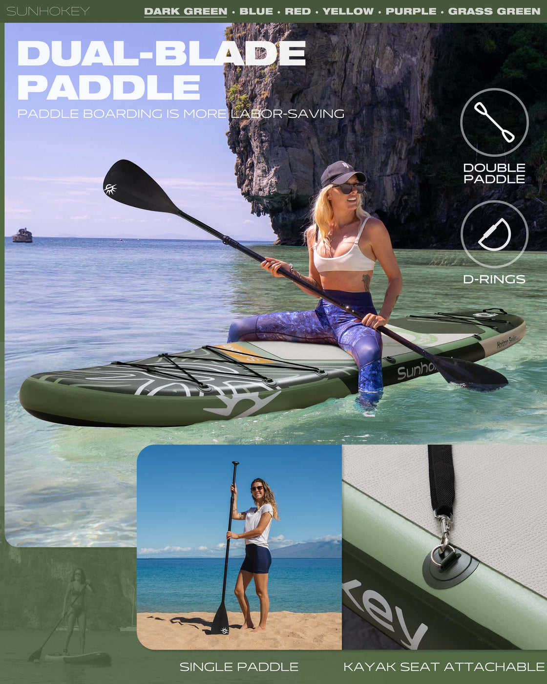 SUNHOKEY 2-Blade Paddle Board Set 11'x34" Extra Wide iSUP for Fishing Yoga