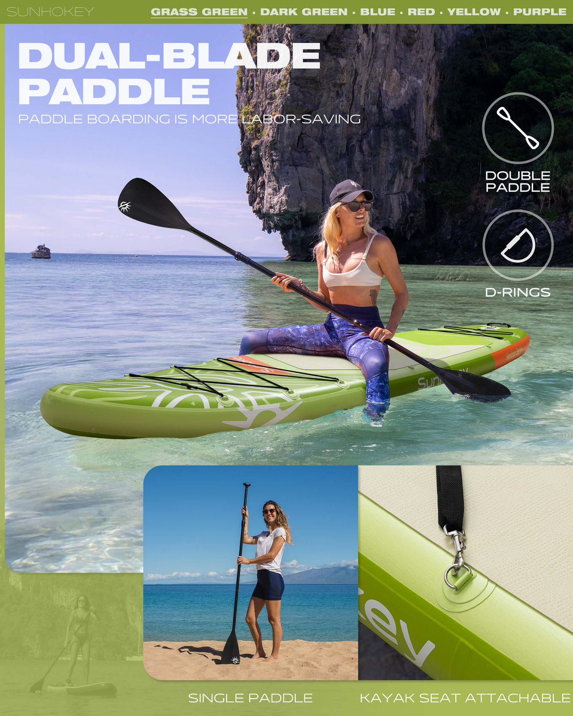 SUNHOKEY 2-Blade Paddle Board Set 11'x34" Extra Wide iSUP for Fishing Yoga