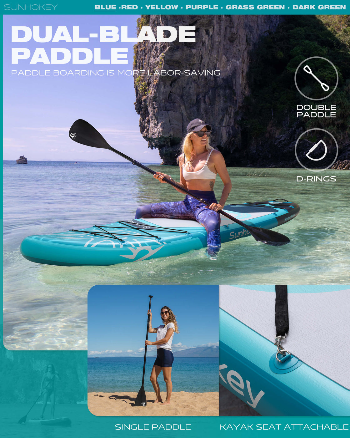 SUNHOKEY 2-Blade Paddle Board Set 11'x34" Extra Wide iSUP for Fishing Yoga