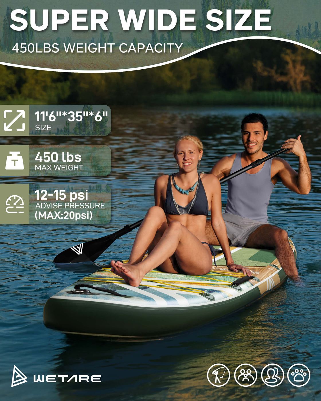 WETARE 11'6"x35" Inflatable SUP Board 450lbs Capacity Paddleboard for Yoga & Surf