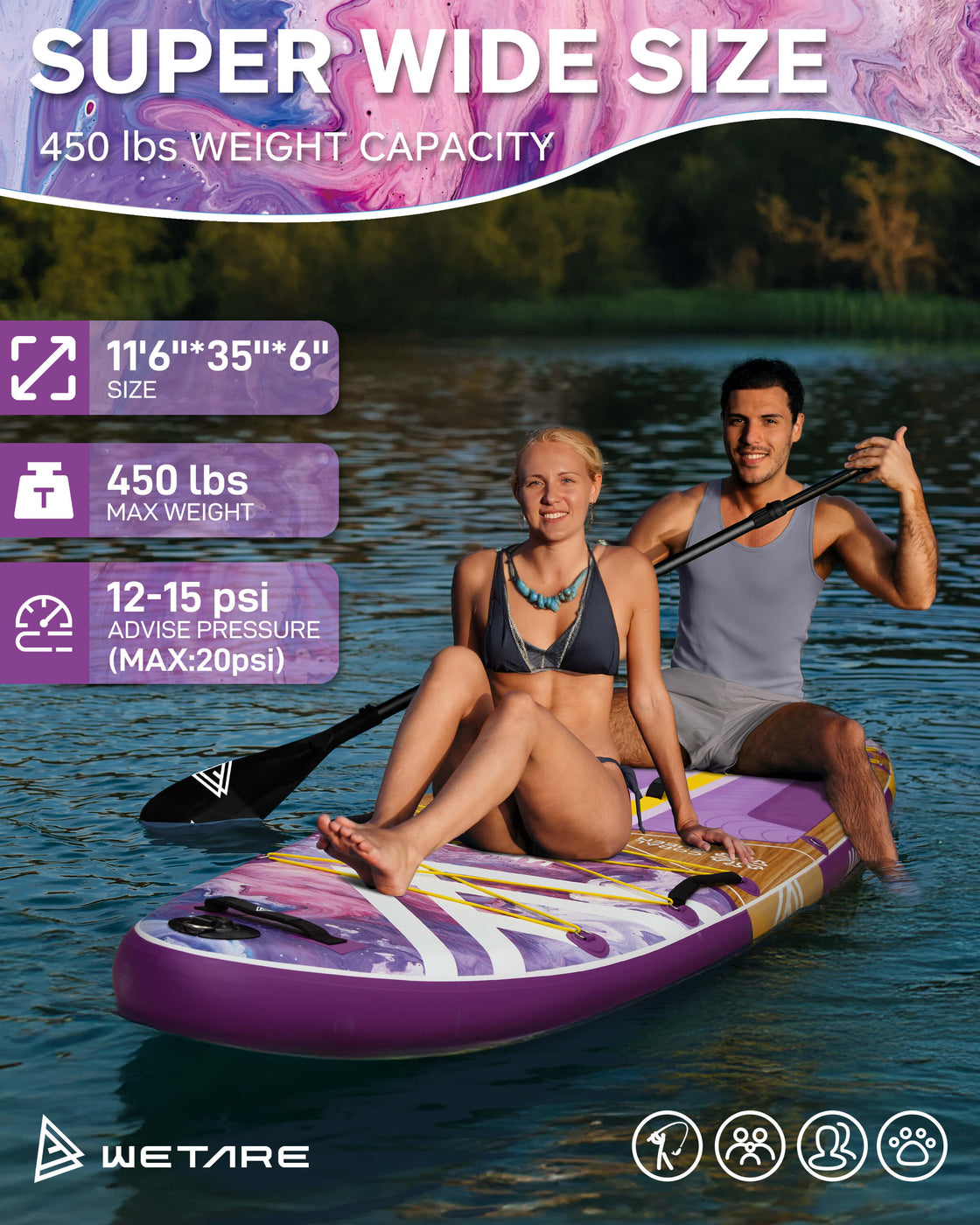 WETARE 11'6"x35" Inflatable SUP Board 450lbs Capacity Paddleboard for Yoga & Surf