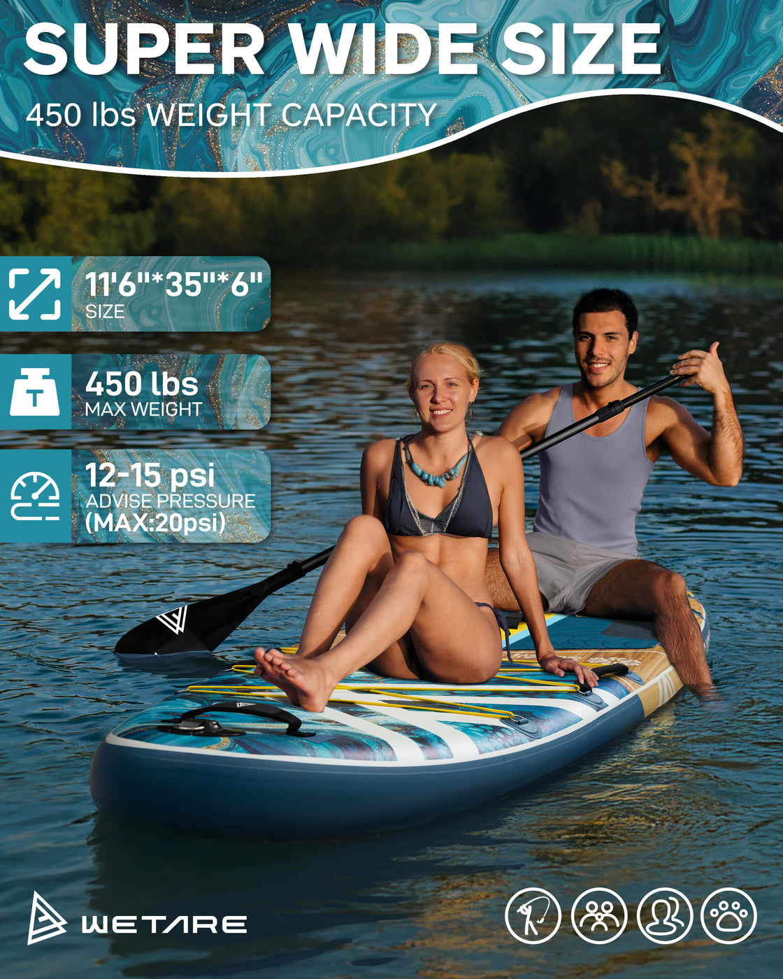 WETARE 11'6"x35" Inflatable SUP Board 450lbs Capacity Paddleboard for Yoga & Surf